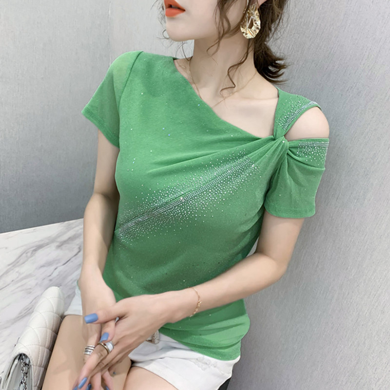 欧洲站2024年新款镶钻网纱短袖t恤女露肩上衣设计感小众洋气小衫,淘宝优惠券,粉丝福利购,淘宝优惠卷