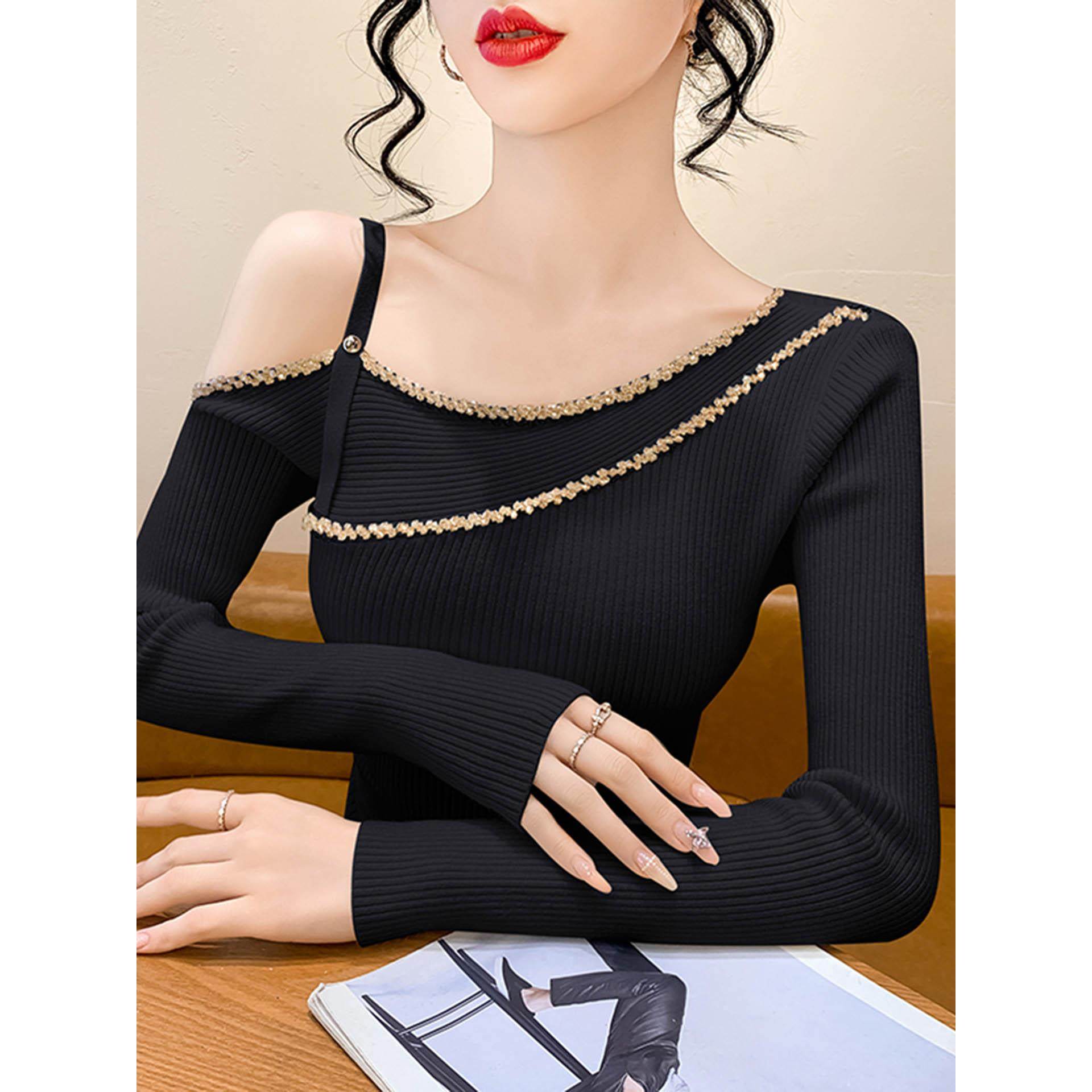 不规则开叉斜领露肩针织打底衫女秋冬2025新款修身内搭上衣可外穿,淘宝优惠券,粉丝福利购,淘宝优惠卷