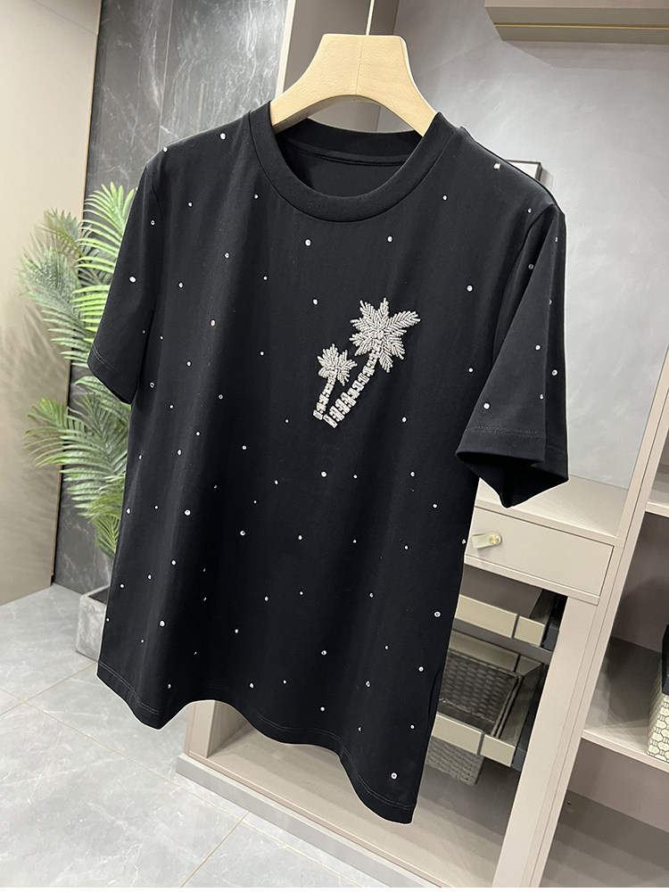 Q货！姐妹们苾入！重工烫钻钉珠高支棉短袖T恤上衣女  95072