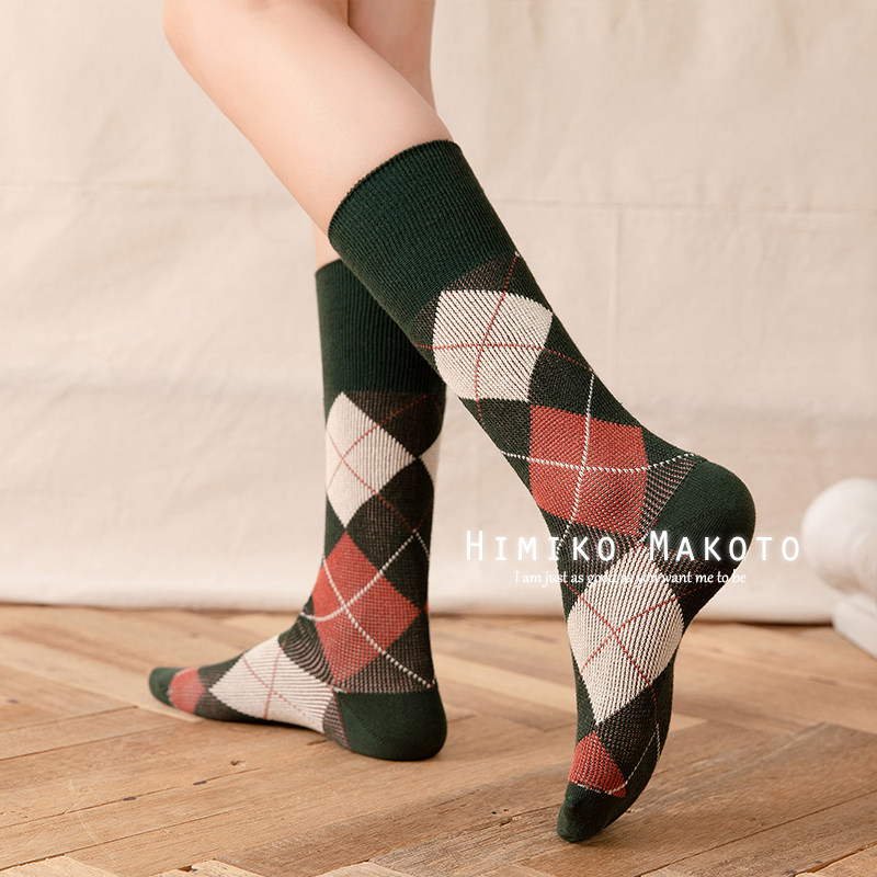包邮ins风双针双路菱格小腿袜纯棉及膝袜高筒女袜长筒袜子女英伦,淘宝优惠券,粉丝福利购,淘宝优惠卷