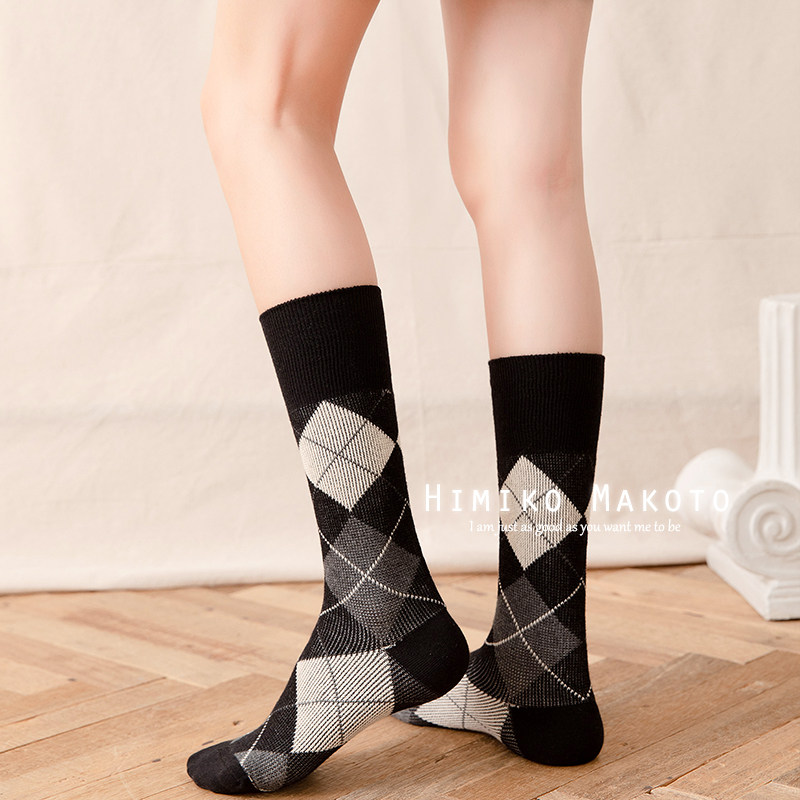 包邮ins风双针双路菱格小腿袜纯棉及膝袜高筒女袜长筒袜子女英伦,淘宝优惠券,粉丝福利购,淘宝优惠卷