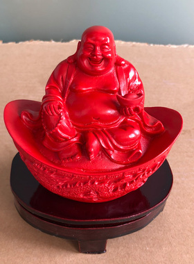 佛摆件中国红朱砂元宝卧佛摆台家居中控台龙凤结婚如意赐福坐款佛