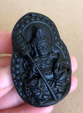 天然正宗黑曜石领头财神吊坠 天王财神爷明王藏教密宗大黑天挂件