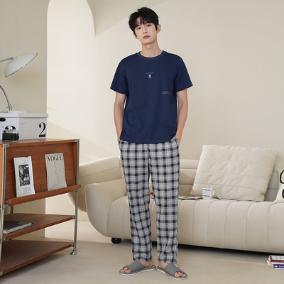 芬腾可安睡衣男夏季薄款格子短袖长裤套装