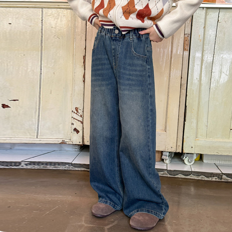 女童牛仔裤宽松直筒秋季2024新款儿童深色水洗软牛仔百搭童装裤子