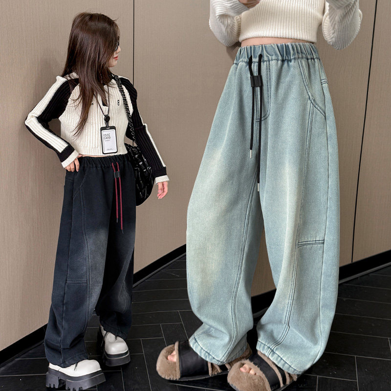 女童春款香蕉牛仔裤2024秋装新款中大童加厚牛仔阔腿裤水洗弯刀裤,淘宝优惠券,粉丝福利购,淘宝优惠卷