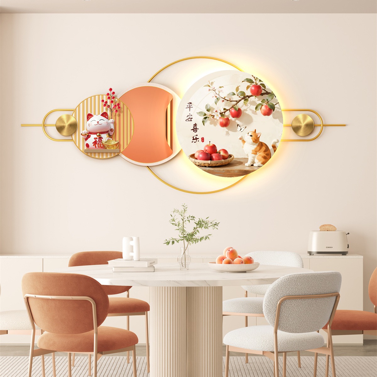 平安喜乐餐厅装饰画现代轻奢客厅背景墙寓意好立体感氛围灯壁画 - 图0