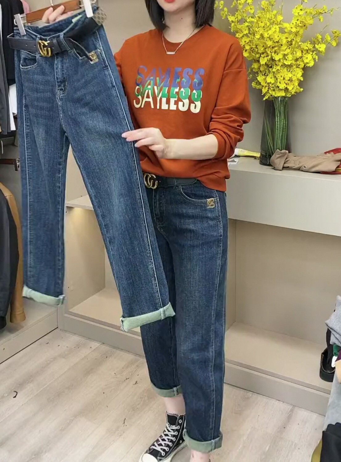 网红设计款牛仔裤女2023春新款韩版宽松百搭显瘦九分垮裤老爹裤