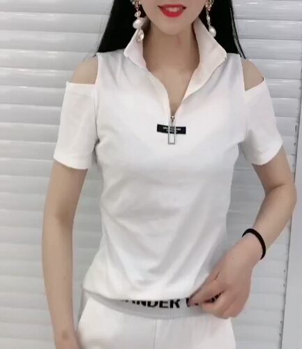 2026夏季新款短袖拉链T恤女修身显瘦百搭设计感小众露肩上衣小衫 - 图2