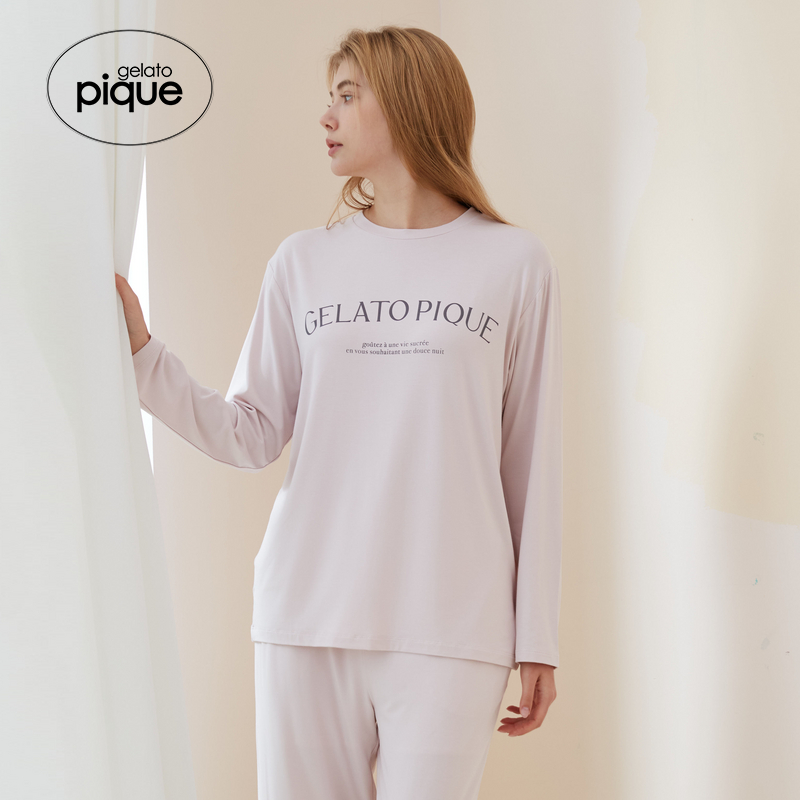 gelato pique24春夏新品女睡衣纯色字母长袖T恤情侣PWCT241277 - 图0