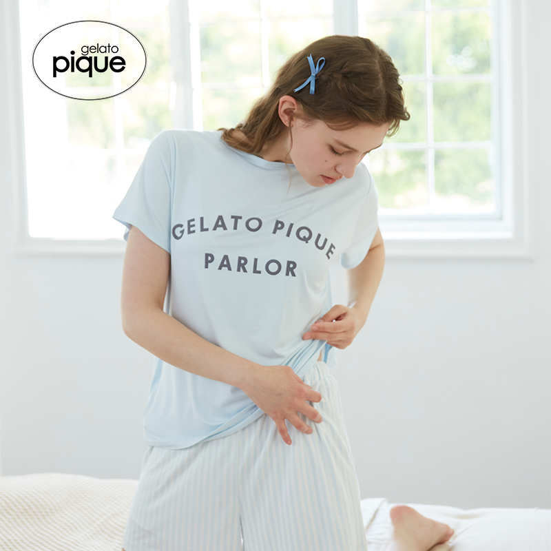 gelato pique夏女睡衣裤套装字母纯色短袖睡眠家居服PWCT222248 - 图1