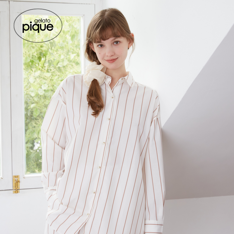 gelato pique春夏女睡衣纯色条纹落肩衬衫外穿PWFT242326 - 图0