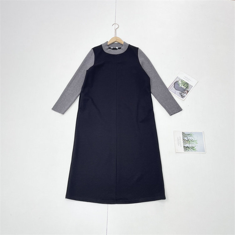 X3日本单针织布拼接版宽松款25秋冬女圆领假两件休闲连衣裙气质款