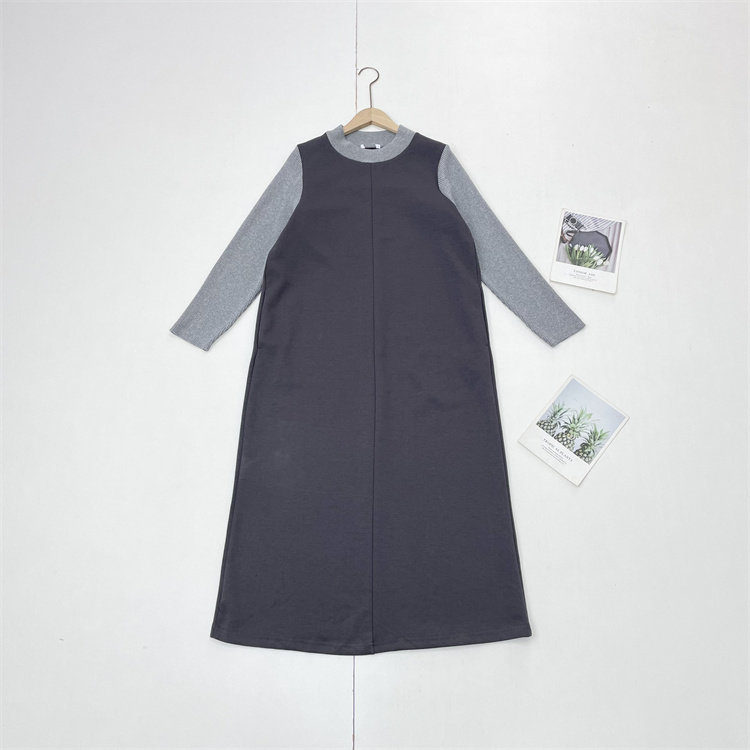 X3日本单针织布拼接版宽松款25秋冬女圆领假两件休闲连衣裙气质款