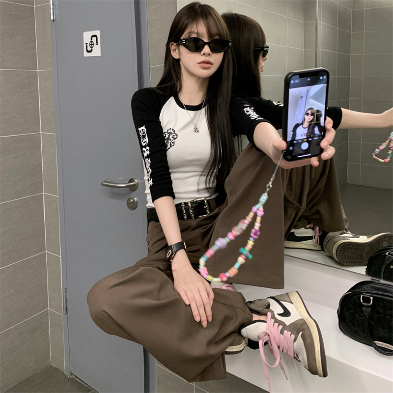 十字架梵文拼色印花七分袖T恤女秋季新款设计感纯欲显瘦打底上衣-图0