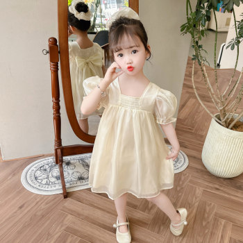 Girls Summer Dress 2024 ແບບໃຫມ່ຂອງເດັກນ້ອຍ Puff Sleeve Mesh Skirt Baby Girl Sweet Princess Skirt