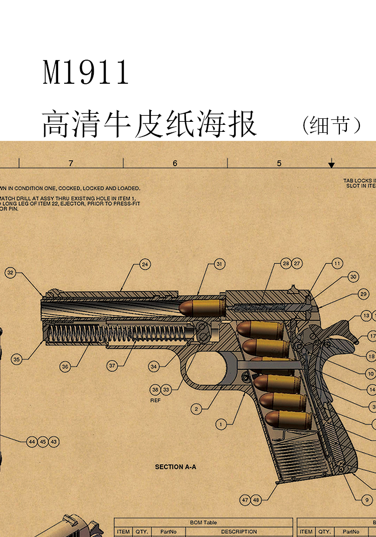 m1911剖面图结构图军迷男生书房办公室宿舍网吧枪械墙贴军事海报