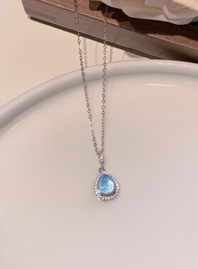 韩版小众设计s925纯银海蓝宝项链女复古轻奢高级感简约式颈链