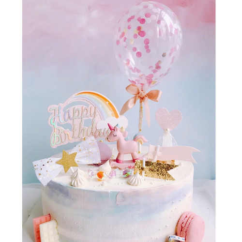 独角兽生日蛋糕装饰仿翻糖气球插件摇摇木马宝宝甜品台烘焙配摆件 - 图1