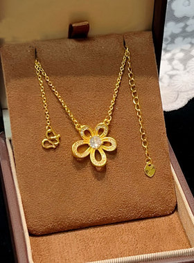 2025沙金法式轻奢满钻五瓣花项链女百搭高级感太阳花锁骨链