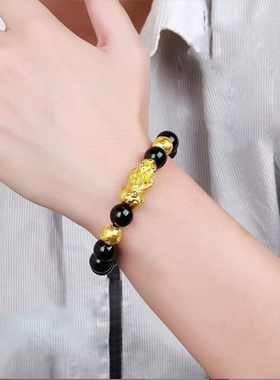 越南沙金精品貔貅手串男女黑曜石红玛瑙铜镀金转运金珠手链情侣款