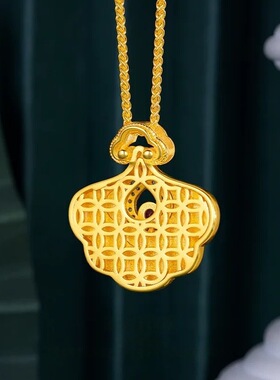 宫廷风古法拉丝点钻鸿运如意锁吊坠女轻奢镀金精致车花扇形项链