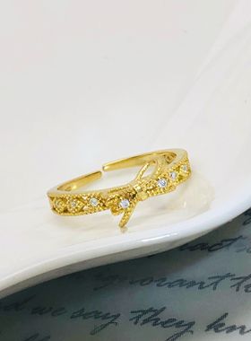 蝴蝶结镂空戒指纯银可调节甜美女