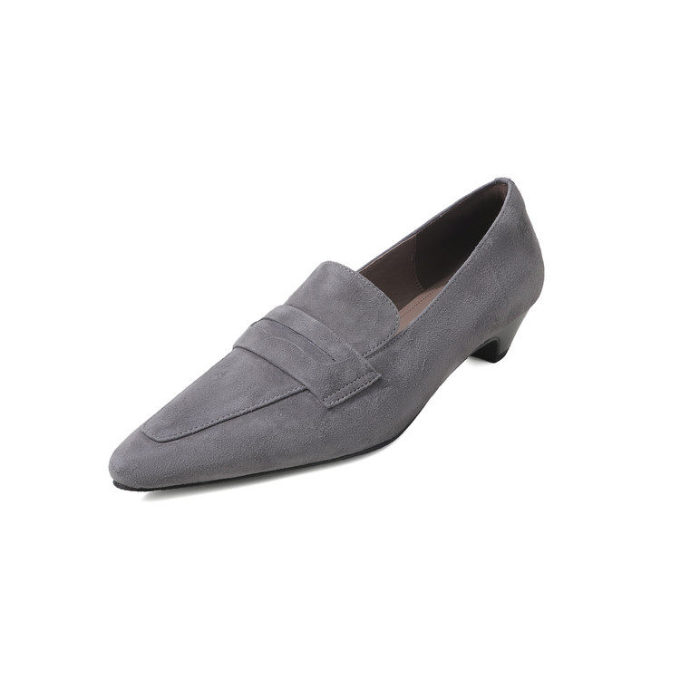 真皮3.5cm粗跟尖头乐福鞋女早春新款通勤百搭ol时尚深口单鞋灰色,淘宝优惠券,粉丝福利购,淘宝优惠卷