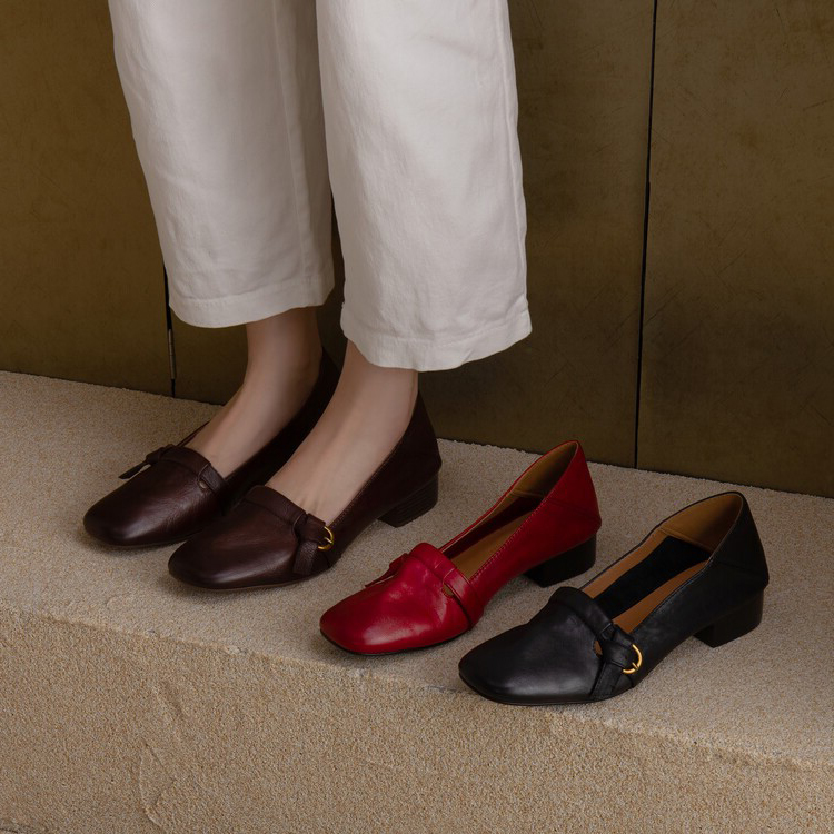 巨软真皮3cm粗跟单鞋女早秋新款法式复古百搭方头低跟浅口小皮鞋 - 图2