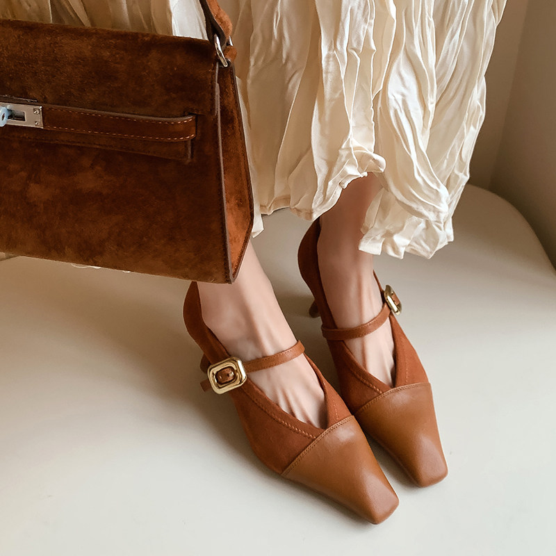 真皮6cm高跟鞋女方头粗跟V口奶奶鞋法式复古一字扣带单鞋玛丽珍鞋,淘宝优惠券,粉丝福利购,淘宝优惠卷