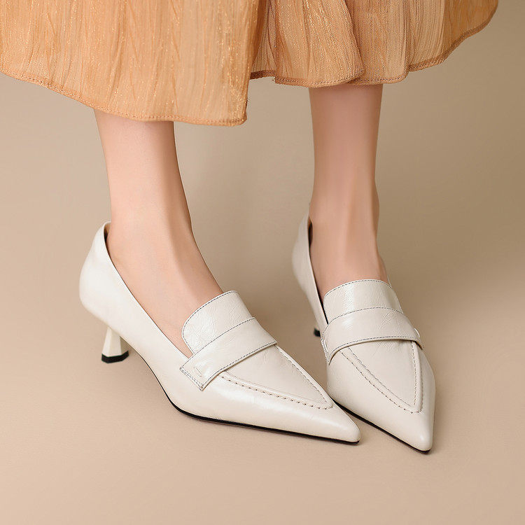 真皮5cm小跟高跟鞋女春秋款通勤时尚显瘦深口乐福鞋尖头猫跟单鞋,淘宝优惠券,粉丝福利购,淘宝优惠卷