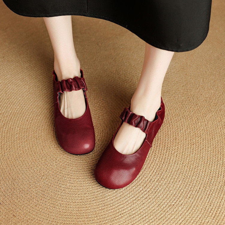 巨软真皮褶皱松紧带玛丽珍单鞋女春夏时尚百搭圆头平底女鞋酒红色,淘宝优惠券,粉丝福利购,淘宝优惠卷