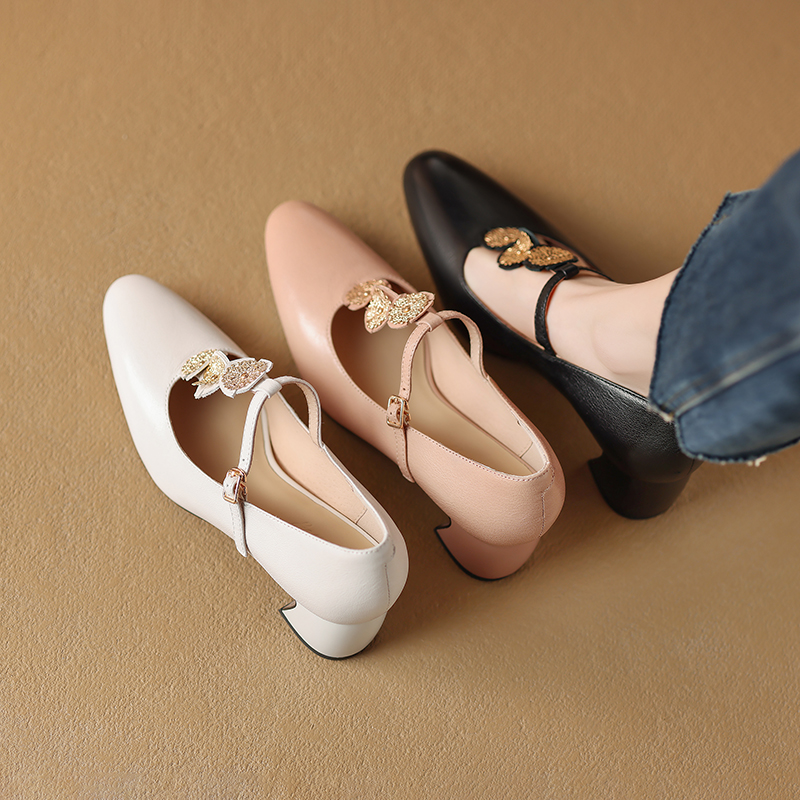 头层水晶羊皮5cm粗跟丁字扣玛丽珍鞋女小众时尚优雅T带单鞋粉色 - 图2