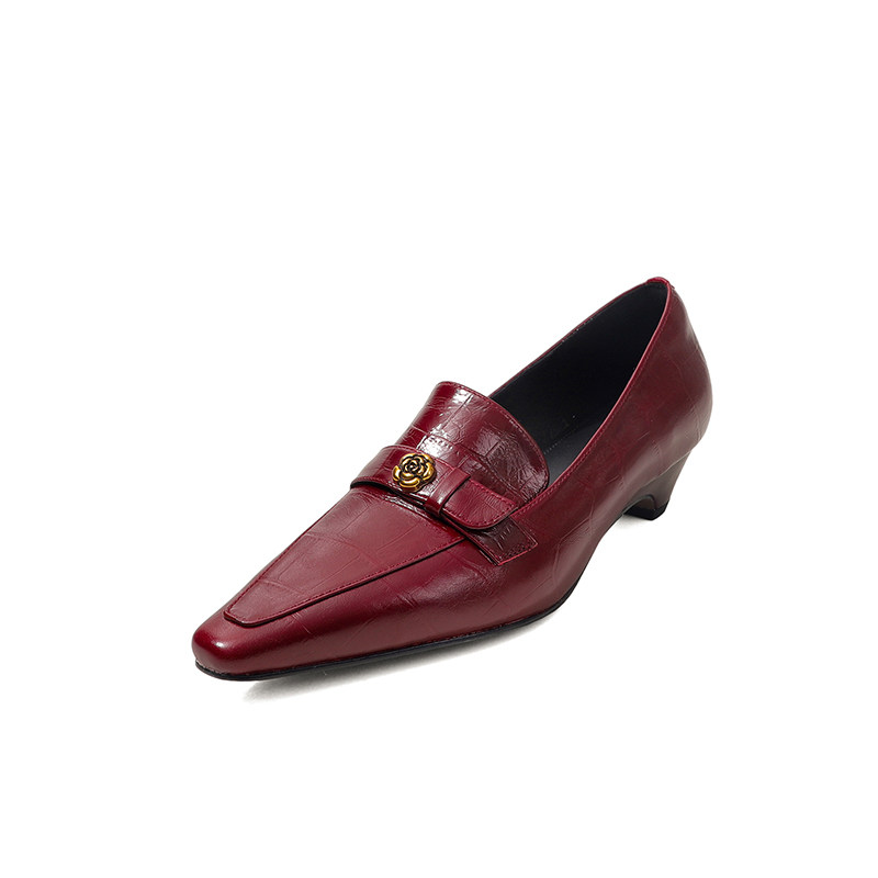 真皮3.5cm粗跟真皮山茶花单鞋女时尚气质优雅深口尖头乐福鞋酒红,淘宝优惠券,粉丝福利购,淘宝优惠卷