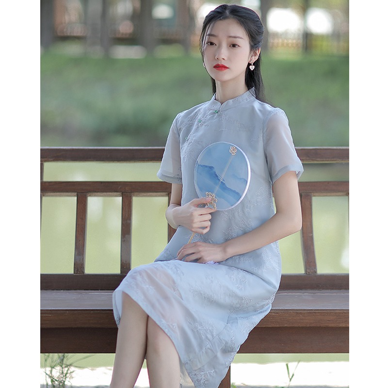 中国风改良旗袍连衣裙文艺宽松中式禅意茶服女夏季仙气茶艺师服装 - 图0