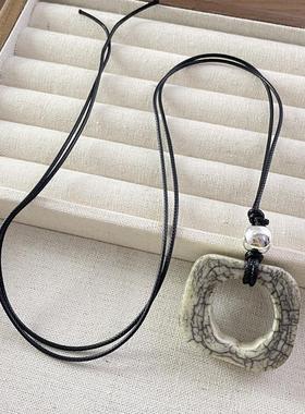 s925银珠吊坠小众设计感时髦项链几何方形驼骨石长款毛衣链2024新