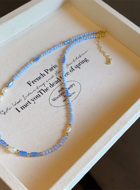 海蓝色水晶淡水珍珠项链小清新夏天多巴胺串珠锁骨链简约复古颈链