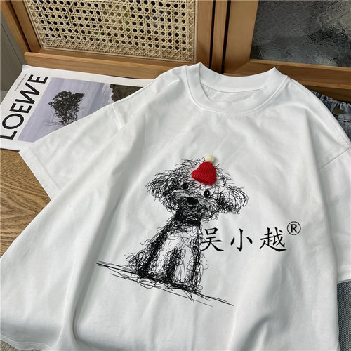 吴小越w1916男童短袖高克重年服韩版小狗贴标刺绣厚款t恤中大童 - 图2
