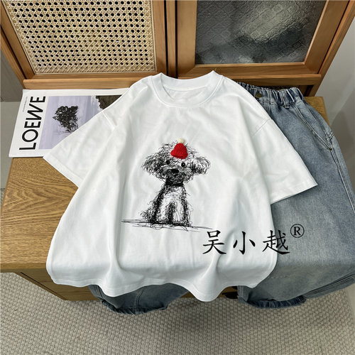 吴小越w1916男童短袖高克重年服韩版小狗贴标刺绣厚款t恤中大童 - 图1