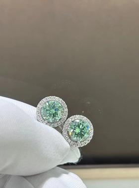薄荷绿莫桑石圆包满天星耳环绿莫桑钻耳钉进口无加色绿钻纯银耳钉