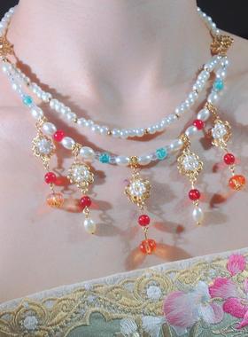 大唐公主红蓝配色双层珍珠花朵软璎珞古风女坦领项链日常旗袍配饰