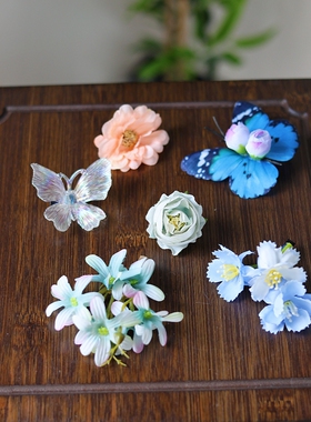 六个春樱髻绢花发饰花朵蝴蝶边夹