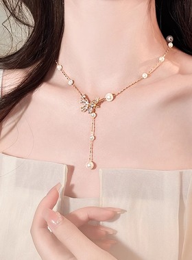 金色珍珠蝴蝶锆石项链女