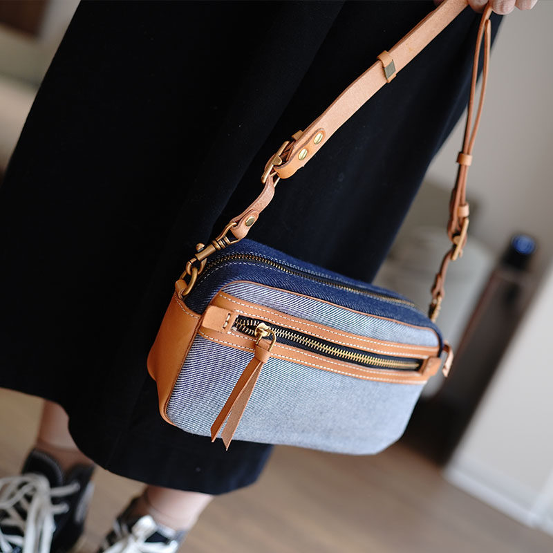 鹿小姐 赤耳牛仔复古拼接植鞣牛皮相机包百搭时尚单肩斜挎小方包,淘宝优惠券,粉丝福利购,淘宝优惠卷