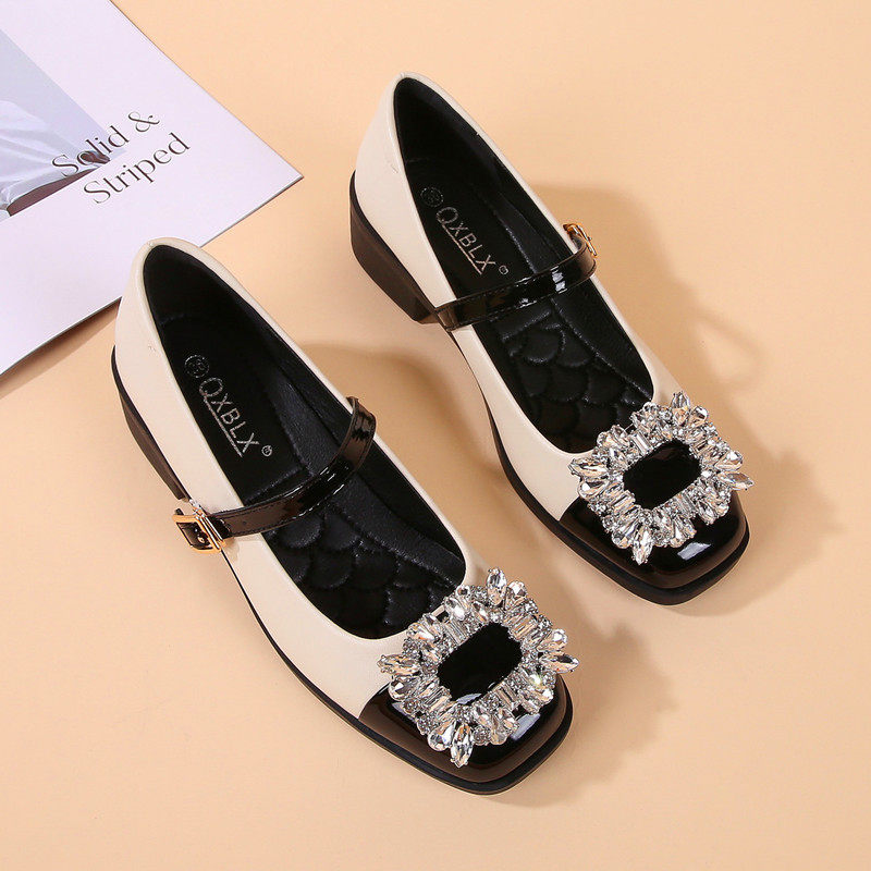 2026春季新款软底软皮中跟水钻单鞋复古拼色法式小皮鞋玛丽珍女鞋,淘宝优惠券,粉丝福利购,淘宝优惠卷