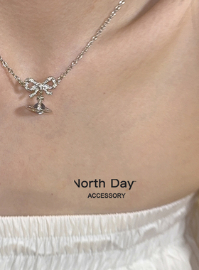 Northday实拍 octavie浅蓝冰川蝴蝶结orb立体星球土星项链锁骨链