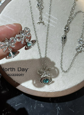 实拍自制orb薄荷绿球蝴蝶结玻璃珠立体土星星球耳钉钛钢项链