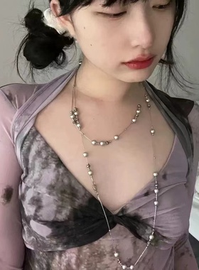 破碎都市原创银灰色珍珠满天星颈链长款项链小众设计感