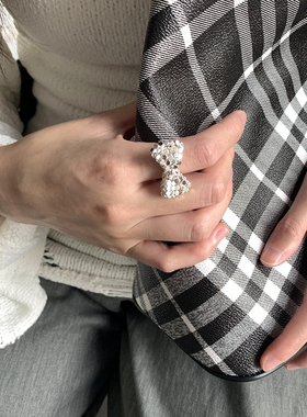 韩国小众金属质感串珠戒指气质戒指女蝴蝶结花朵珠串编织戒