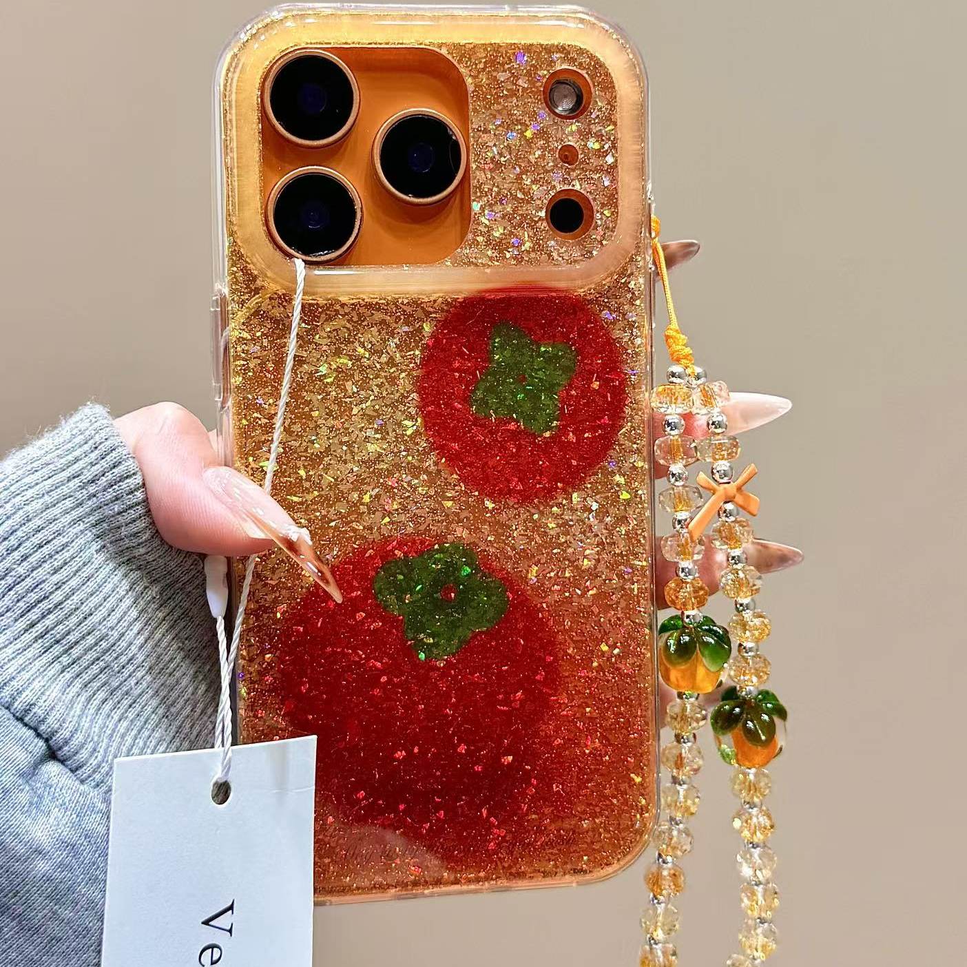 亮片闪粉透色橙底油画柿子链条适用苹果17promax手机壳iphone16新款15pro女款14pm全包保护壳,淘宝优惠券,粉丝福利购,淘宝优惠卷